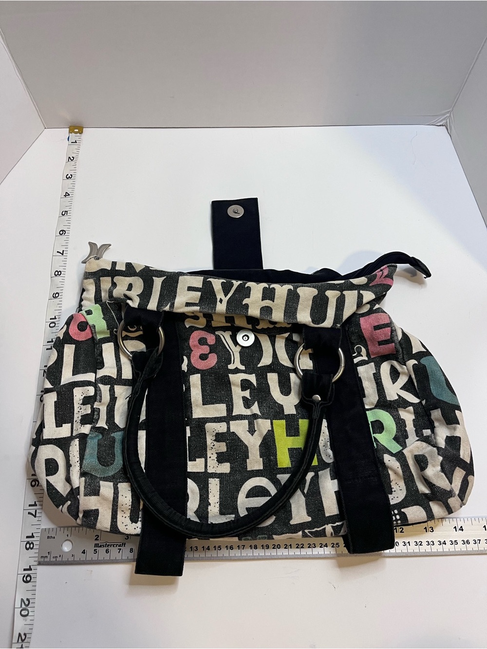 Hurley Black Canvas Tote with Multicolor Logo Accents